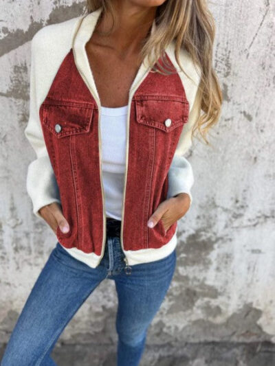 Veste femme bi-matière denim et maille style casual chic tendance